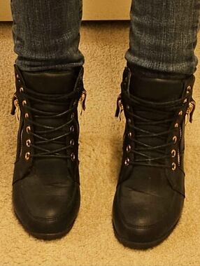 Wedge Sneaker Booties with Gold Zipper - Black
